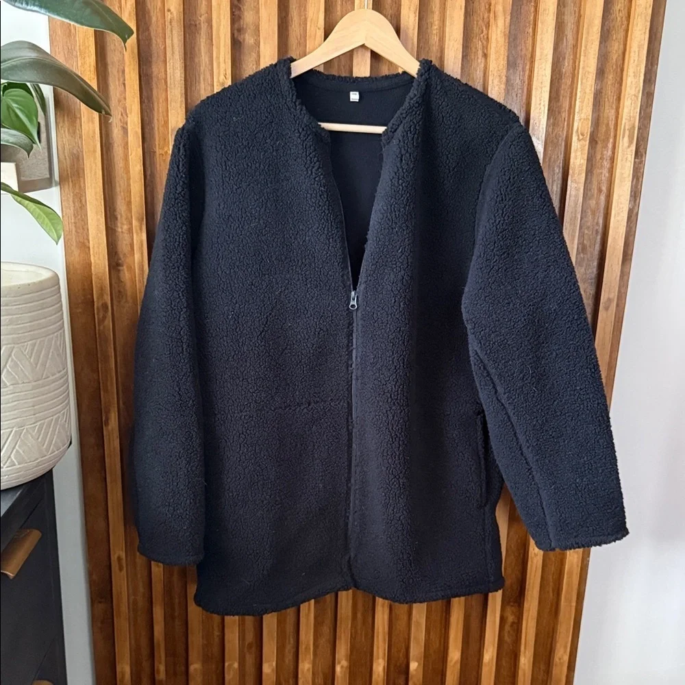 MUJI Recycled Boa Fleece Coat in Black. XS Oversized